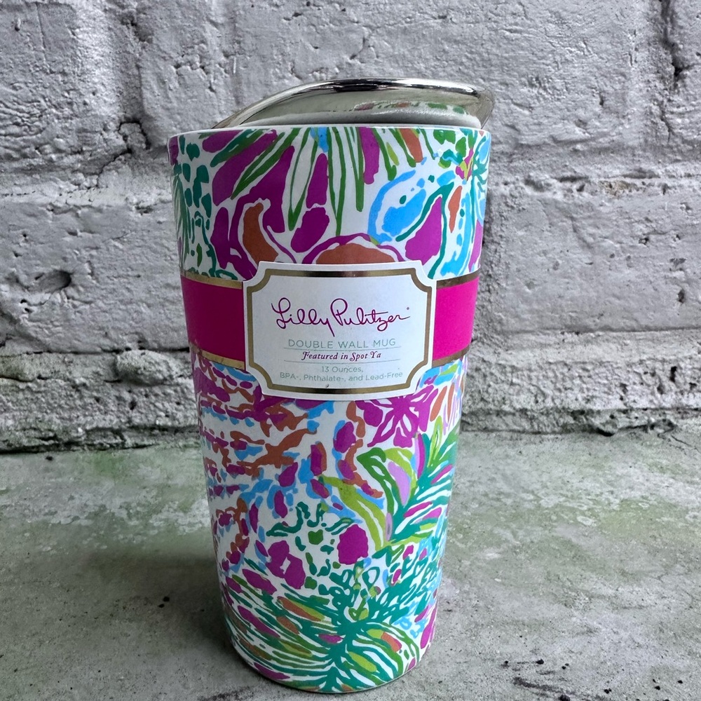 Lilly Pulitzer Pink Green Aqua Blue Floral Coffee Travel Mug & Gold Lid A14 NWT - Picture 5 of 10